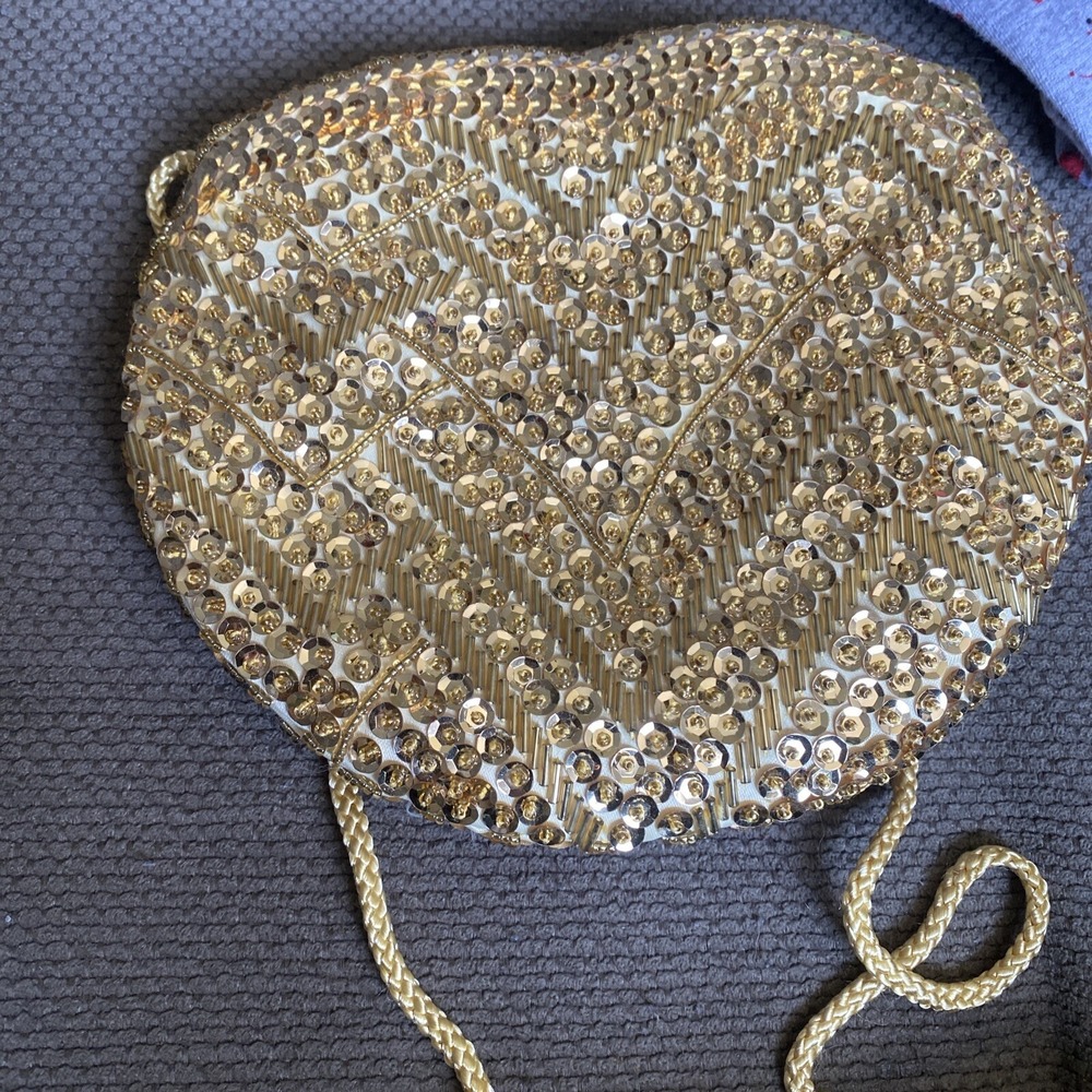 Vintage Made in Macau Gold‎ Heavy Beaded Evening Shoulder Bag Purse 1980s